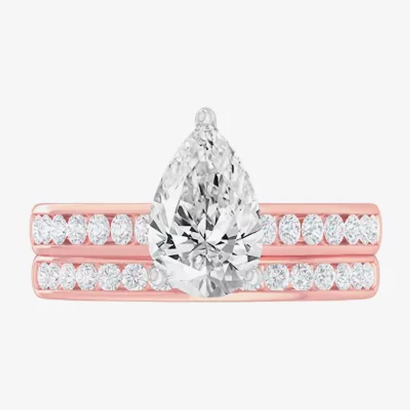 (G-H / Si1-Si2) Womens 3 CT. T.W. Lab Grown White Diamond 14K Gold Pear Side Stone Bridal Set