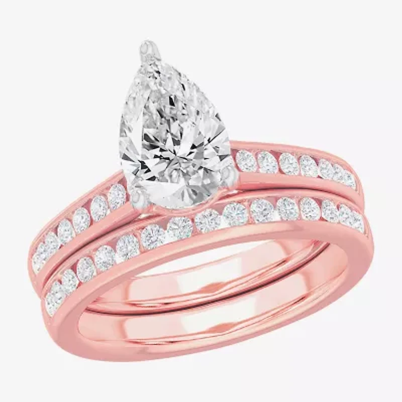 (G-H / Si1-Si2) Womens 3 CT. T.W. Lab Grown White Diamond 14K Gold Pear Side Stone Bridal Set