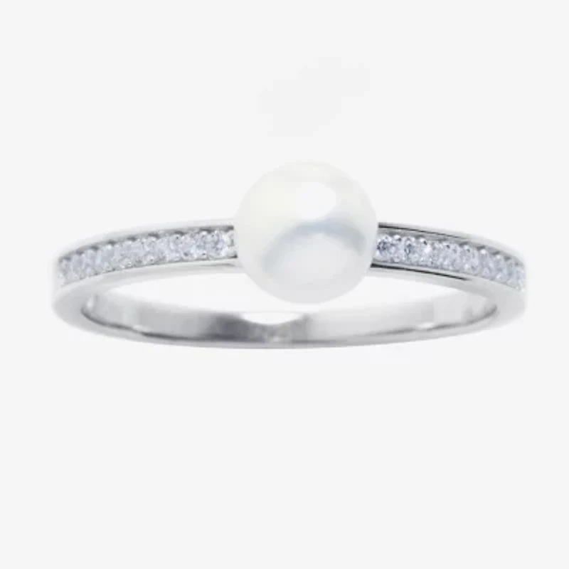 Silver Treasures Womens Cultured Freshwater Pearl Cubic Zirconia Sterling Silver Band