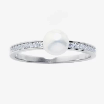 Silver Treasures Womens Cultured Freshwater Pearl Cubic Zirconia Sterling Silver Band