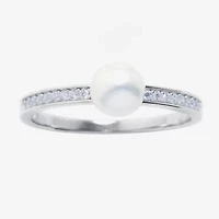 Silver Treasures Womens Cultured Freshwater Pearl Cubic Zirconia Sterling Silver Band