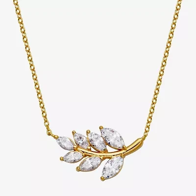 18K Gold Over Sterling Silver Marquise Cubic Zirconia Leaf 18" Necklace