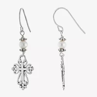 Silver Treasures Sterling Silver Cultured Freshwater Pearl Cross Drop Earrings