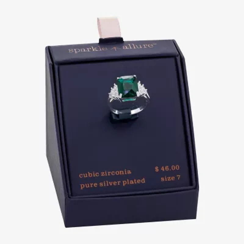 Sparkle Allure Womens Green Cubic Zirconia Pure Silver Over Brass Rectangular Engagement Ring
