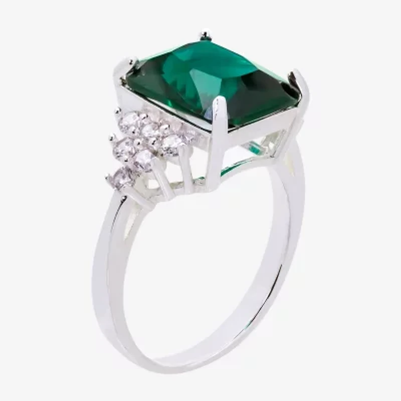 Sparkle Allure Womens Green Cubic Zirconia Pure Silver Over Brass Rectangular Engagement Ring