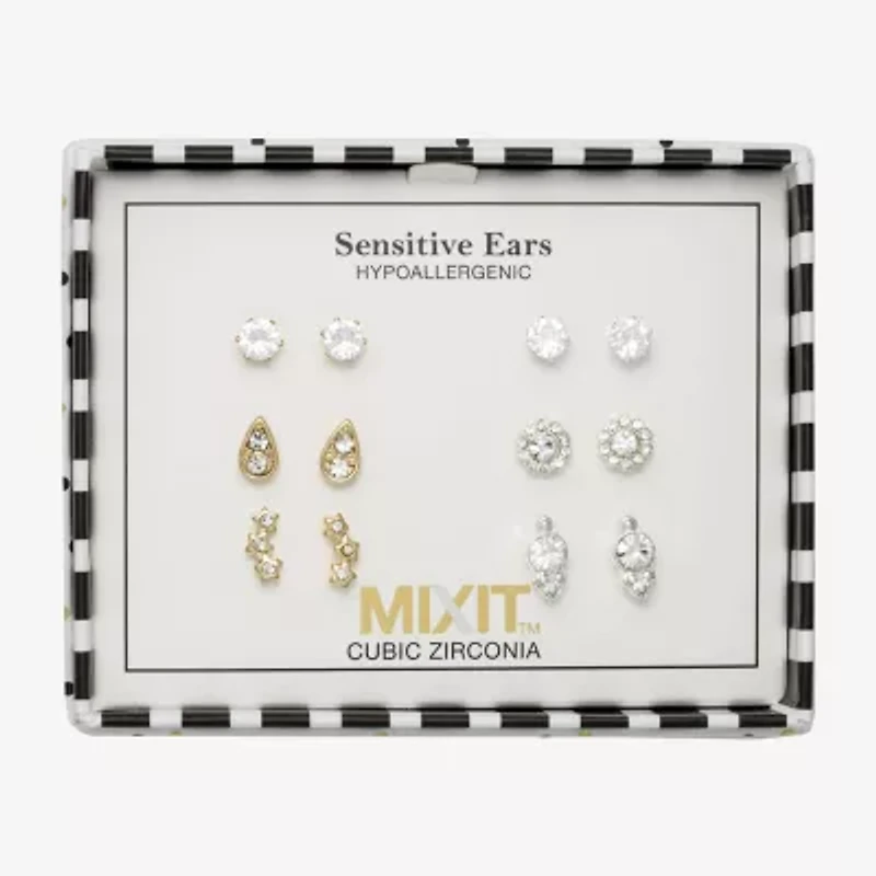 Mixit Womens Cubic Zirconia Flower Star Hypoallergenic 6 Pair Earring Set