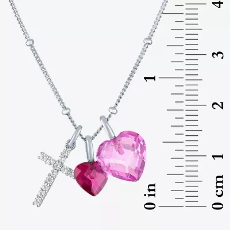 Womens Lab Created Pink Sapphire Sterling Silver Cross Heart 18 Inch Pendant Necklace