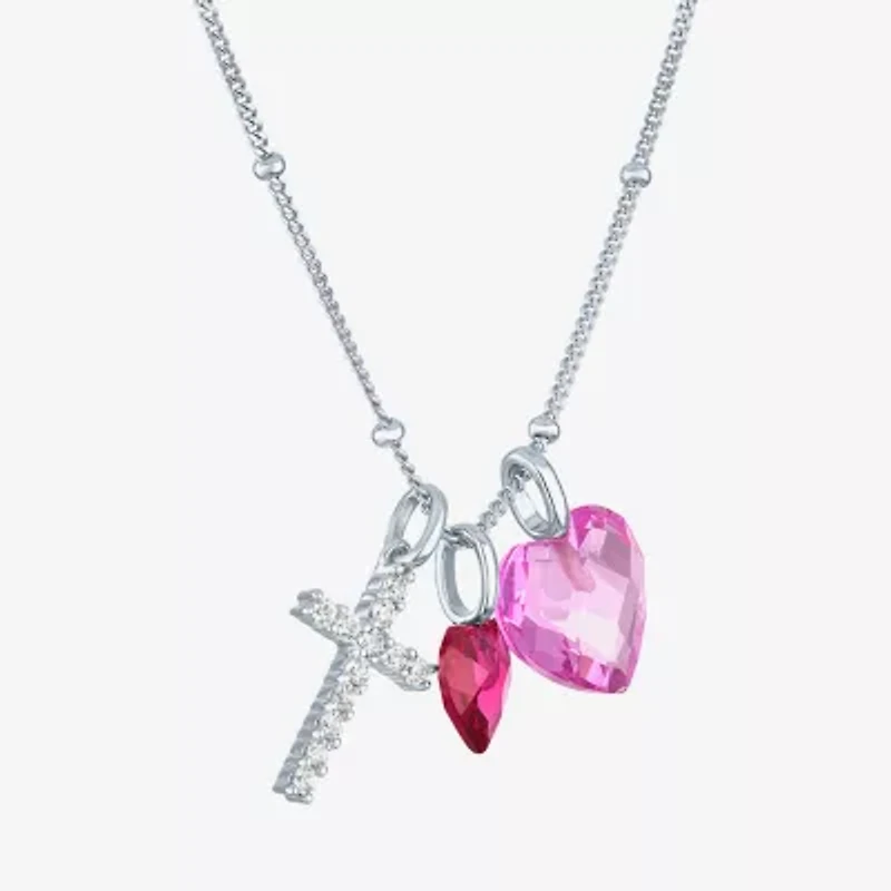 Womens Lab Created Pink Sapphire Sterling Silver Cross Heart 18 Inch Pendant Necklace