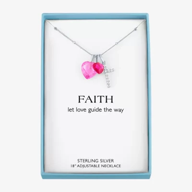 Womens Lab Created Pink Sapphire Sterling Silver Cross Heart 18 Inch Pendant Necklace