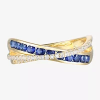 Womens Lab Created Blue Sapphire 14K Gold Over Silver Crossover Side Stone Band