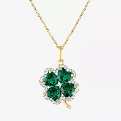 Womens Lab Created Green Emerald 14K Gold Over Silver Clover 16 Inch Pendant Necklace