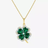 Womens Lab Created Green Emerald 14K Gold Over Silver Clover 16 Inch Pendant Necklace