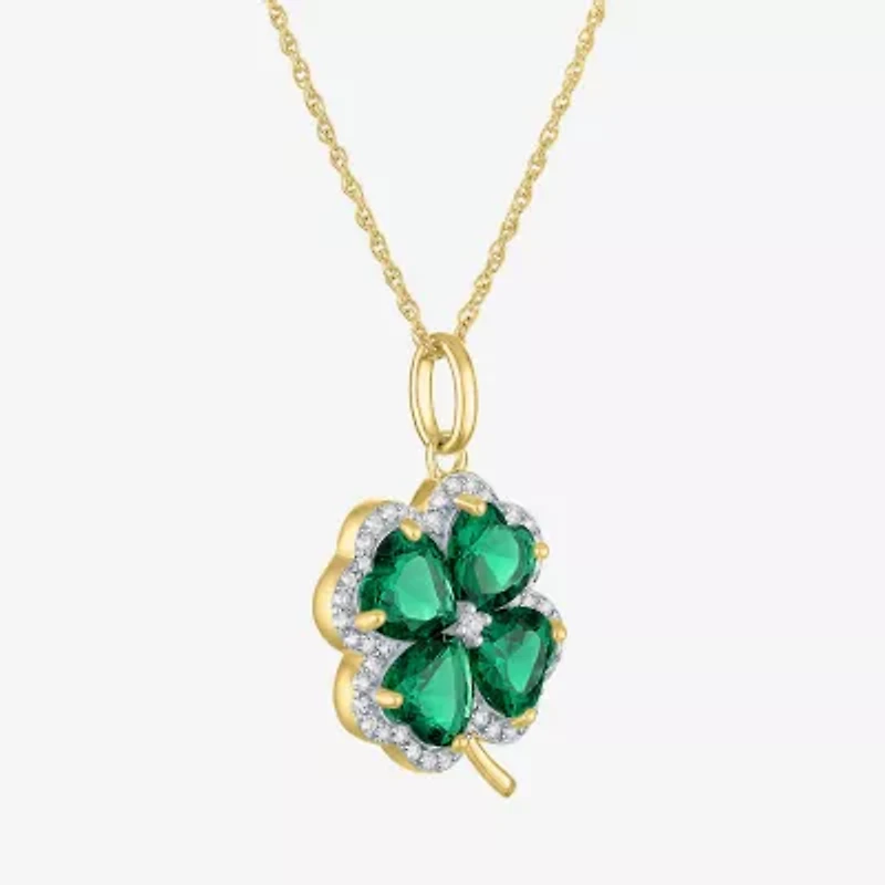 Womens Lab Created Green Emerald 14K Gold Over Silver Clover 16 Inch Pendant Necklace