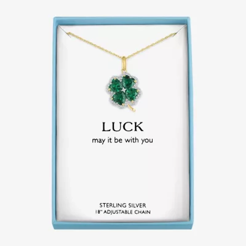 Womens Lab Created Green Emerald 14K Gold Over Silver Clover 16 Inch Pendant Necklace