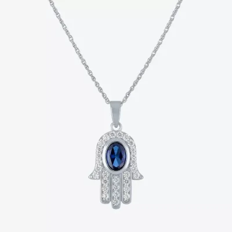 Womens Lab Created Blue Sapphire Sterling Silver Hamsa 16 Inch Pendant Necklace
