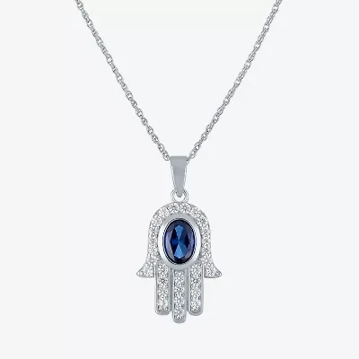 Womens Lab Created Blue Sapphire Sterling Silver Hamsa 16 Inch Pendant Necklace