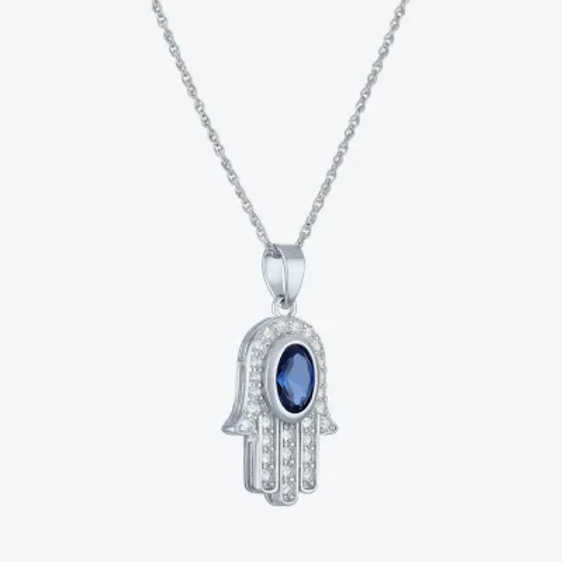 Womens Lab Created Blue Sapphire Sterling Silver Hamsa 16 Inch Pendant Necklace