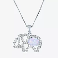 Womens Lab Created White Opal Sterling Silver Elephant Pendant Necklace