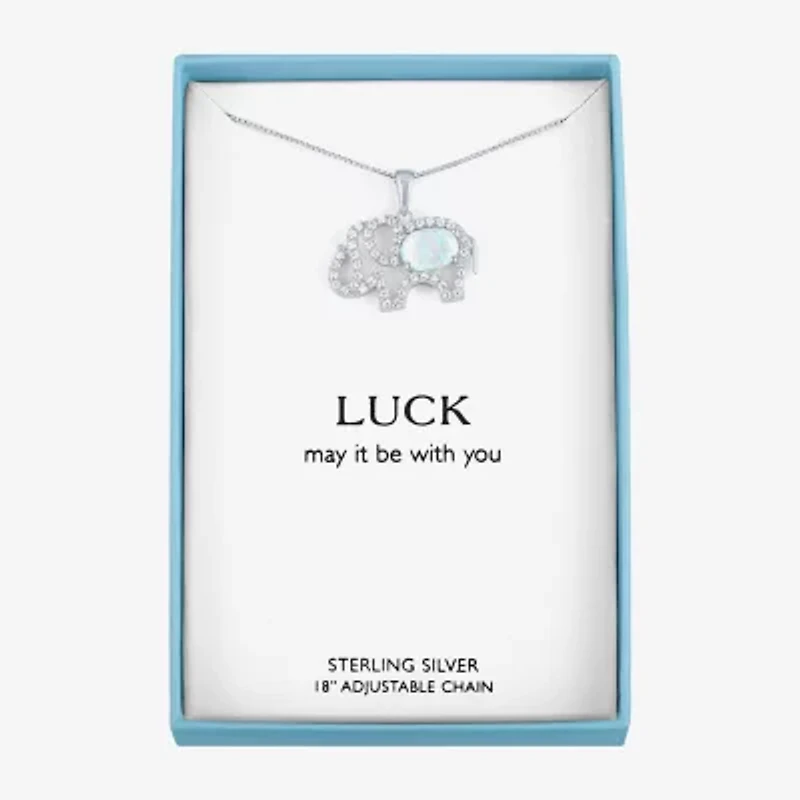 Womens Lab Created White Opal Sterling Silver Elephant Pendant Necklace