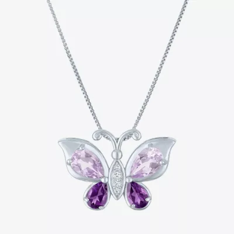 Womens Genuine Purple Amethyst Sterling Silver Butterfly 18 Inch Pendant Necklace