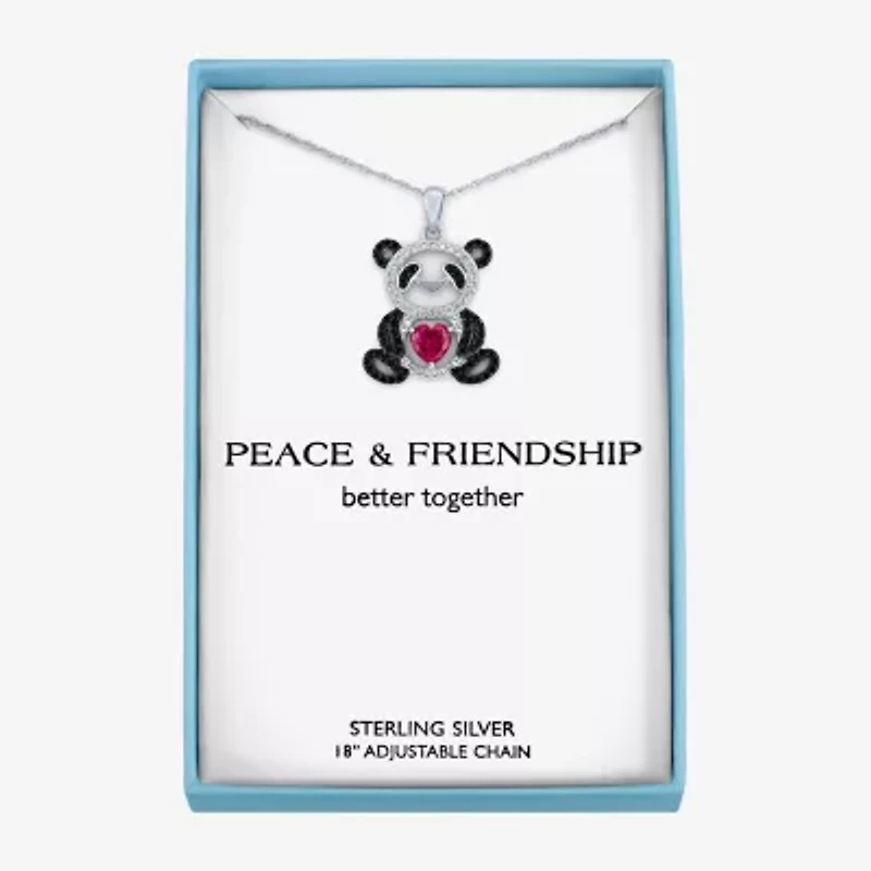Panda Womens Lab Created Red Ruby Sterling Silver Animal Heart 16 Inch Pendant Necklace