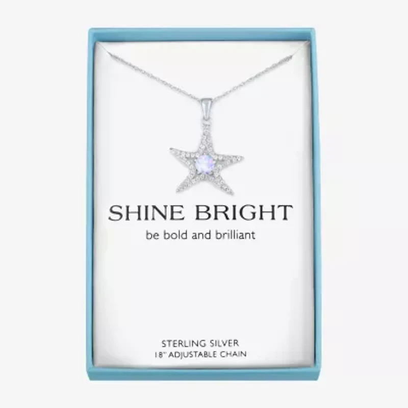 Womens Lab Created White Opal Sterling Silver Star 16 Inch Pendant Necklace