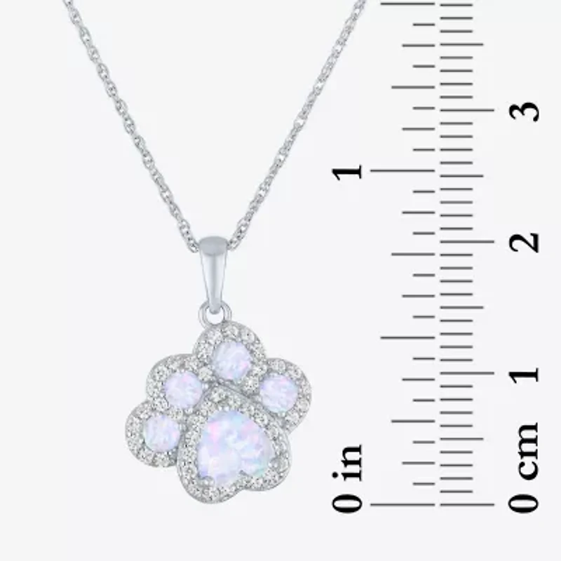 Paw Print Womens Lab Created White Opal Sterling Silver 18 Inch Pendant Necklace