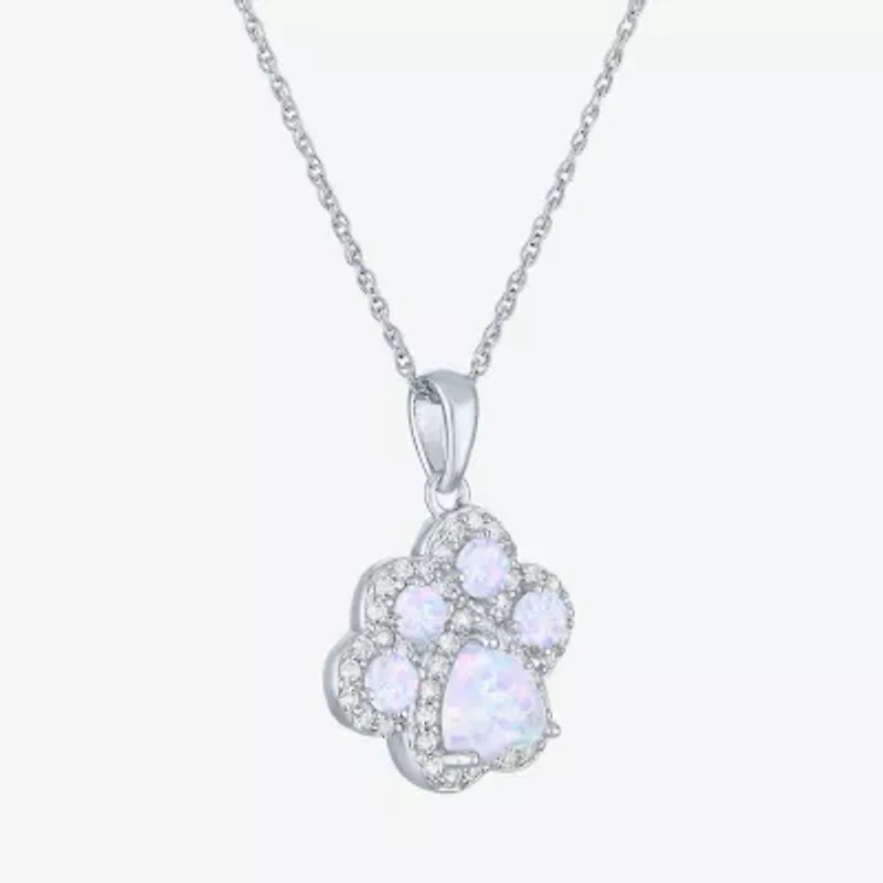 Paw Print Womens Lab Created White Opal Sterling Silver 18 Inch Pendant Necklace