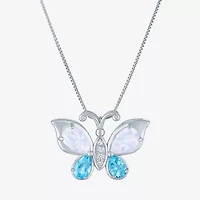 Womens Lab-Created Opal and Genuine Blue Topaz Sterling Silver Butterfly Pendant Necklace