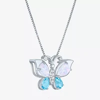 Womens Lab-Created Opal and Genuine Blue Topaz Sterling Silver Butterfly Pendant Necklace