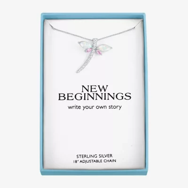 Womens Lab Created White Opal Sterling Silver Dragonfly Pendant Necklace