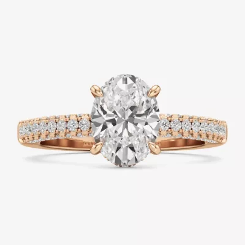 (F / Si2) Womens 2 CT. T.W. Lab Grown White Diamond 10K Gold Oval Side Stone Engagement Ring