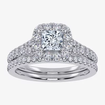 G / Vs2-Si1) Womens 1 CT. T.W. Lab Grown White Diamond 10K Gold Cushion Side Stone Halo Bridal Set