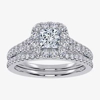G / Vs2-Si1) Womens 1 CT. T.W. Lab Grown White Diamond 10K Gold Cushion Side Stone Halo Bridal Set