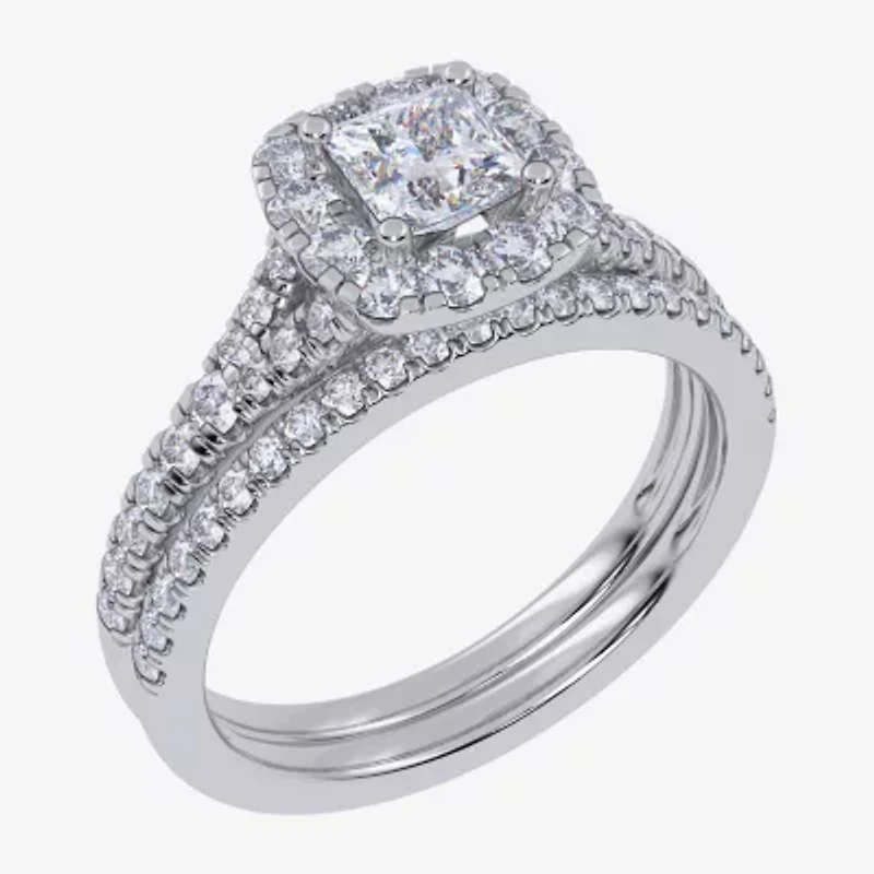 G / Vs2-Si1) Womens 1 CT. T.W. Lab Grown White Diamond 10K Gold Cushion Side Stone Halo Bridal Set