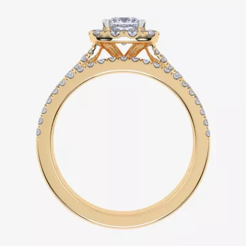 G / Vs2-Si1) Womens 1 CT. T.W. Lab Grown White Diamond 10K Gold Cushion Side Stone Halo Bridal Set