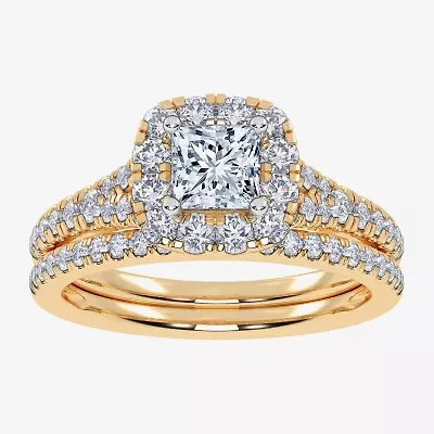 G / Vs2-Si1) Womens 1 CT. T.W. Lab Grown White Diamond 10K Gold Cushion Side Stone Halo Bridal Set
