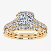 G / Vs2-Si1) Womens 1 CT. T.W. Lab Grown White Diamond 10K Gold Cushion Side Stone Halo Bridal Set