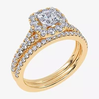 G / Vs2-Si1) Womens 1 CT. T.W. Lab Grown White Diamond 10K Gold Cushion Side Stone Halo Bridal Set
