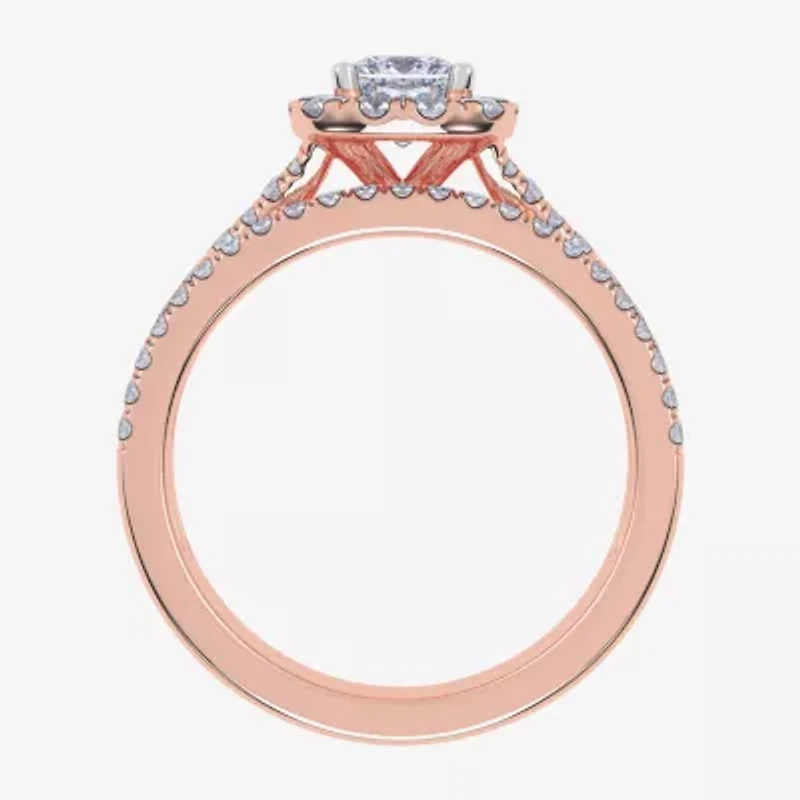 (G / Vs2-Si1) Womens 1 CT. T.W. Lab Grown White Diamond 10K Rose Gold Cushion Side Stone Halo Bridal Set