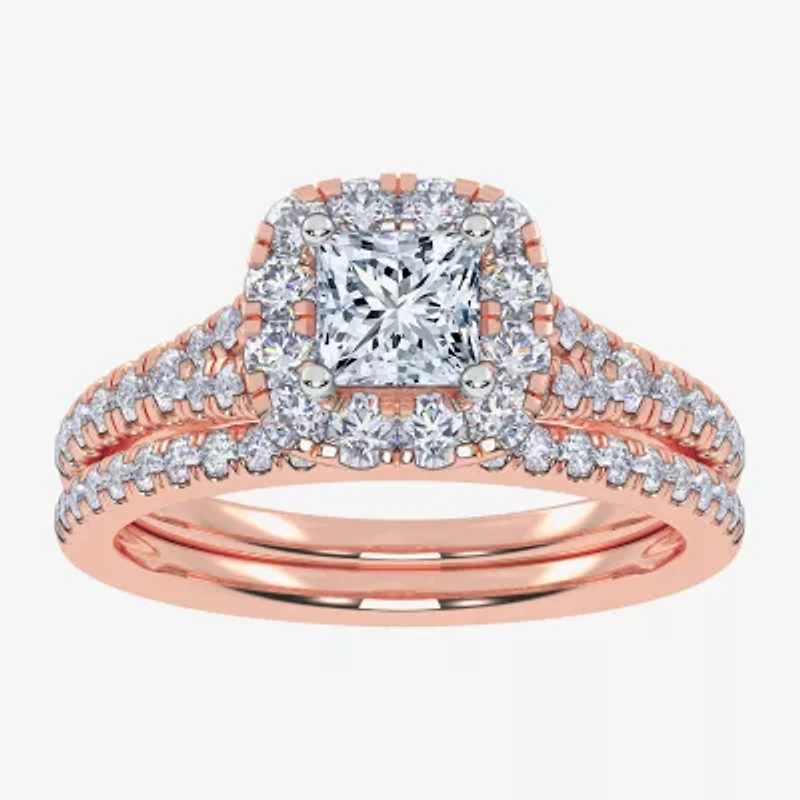(G / Vs2-Si1) Womens 1 CT. T.W. Lab Grown White Diamond 10K Rose Gold Cushion Side Stone Halo Bridal Set