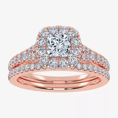 (G / Vs2-Si1) Womens 1 CT. T.W. Lab Grown White Diamond 10K Rose Gold Cushion Side Stone Halo Bridal Set