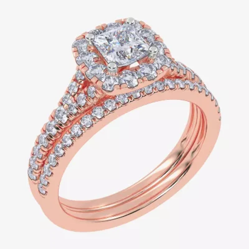 (G / Vs2-Si1) Womens 1 CT. T.W. Lab Grown White Diamond 10K Rose Gold Cushion Side Stone Halo Bridal Set