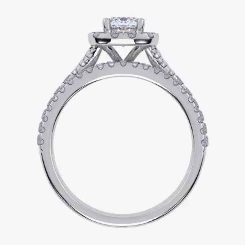 G / Vs2-Si1) Womens 1 CT. T.W. Lab Grown White Diamond 10K Gold Cushion Side Stone Halo Bridal Set