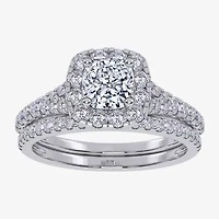 G / Vs2-Si1) Womens 1 CT. T.W. Lab Grown White Diamond 10K Gold Cushion Side Stone Halo Bridal Set