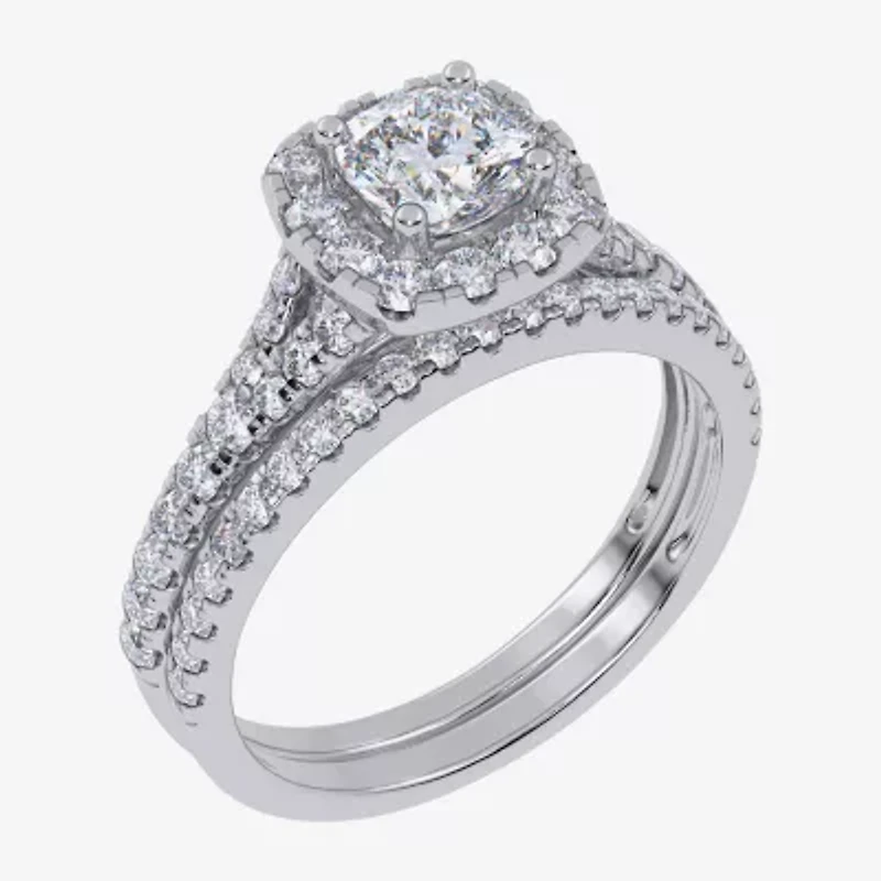 G / Vs2-Si1) Womens 1 CT. T.W. Lab Grown White Diamond 10K Gold Cushion Side Stone Halo Bridal Set