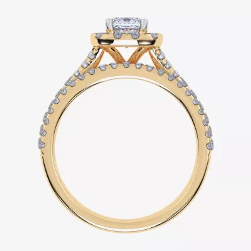 (G / Vs2-Si1) Womens 1 CT. T.W. Lab Grown White Diamond 10K Gold Cushion Side Stone Halo Bridal Set
