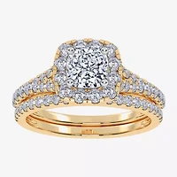 (G / Vs2-Si1) Womens 1 CT. T.W. Lab Grown White Diamond 10K Gold Cushion Side Stone Halo Bridal Set