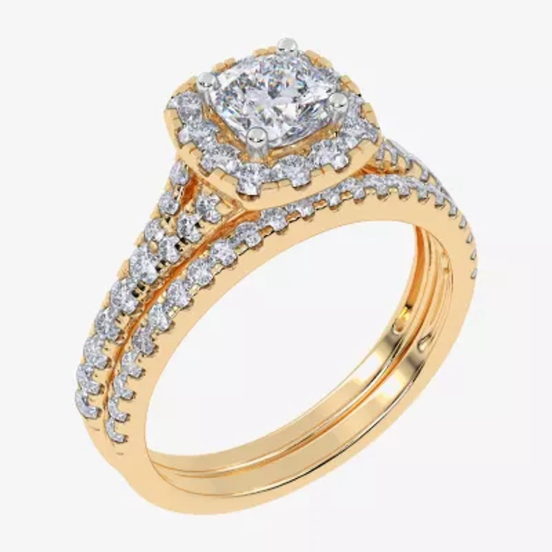 (G / Vs2-Si1) Womens 1 CT. T.W. Lab Grown White Diamond 10K Gold Cushion Side Stone Halo Bridal Set