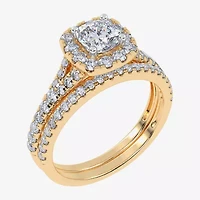 (G / Vs2-Si1) Womens 1 CT. T.W. Lab Grown White Diamond 10K Gold Cushion Side Stone Halo Bridal Set